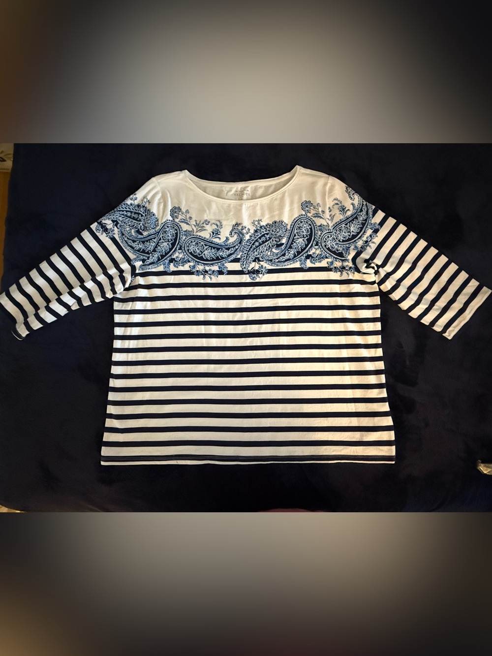 Talbots Striped Navy and White Paisley Yoke striped Women's Top sz 3X